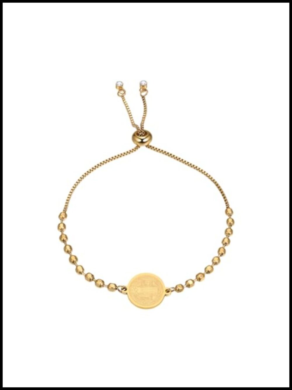Stainless Steel St Benedict Medal Bracelet Adjustable Slider Bead Chain for Men